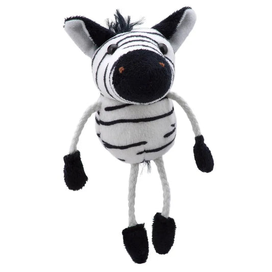 The Puppet Company Zebra Finger Puppet is a plush zebra toy with a round body, black-and-white stripes, white rope-like limbs, black ears, snout, hooves, and tuft of hair—ideal for storytelling adventures.