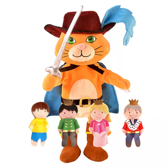 A puppet show set featuring a Puss in Boots puppet and kids.