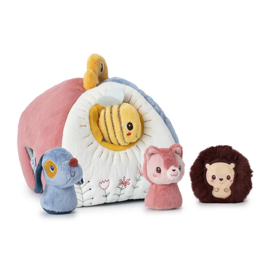 The Lilliputiens "I'm Discovering Jules' House and 4 Hidden Rattles" set includes a soft white and pink house with a cheerful bee for peek-a-boo games, plus three plush animals: a blue dog, pink squirrel, and brown hedgehog—perfect as an engaging activity toy.