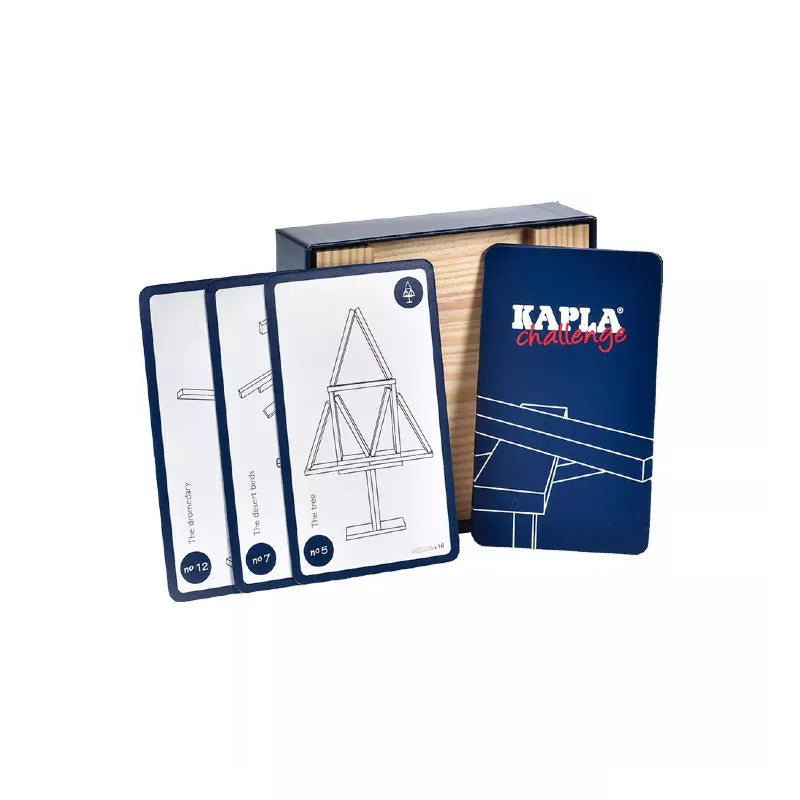 The Kapla Challenge is a captivating balance game with architectural design cards in a wooden holder, packaged in a navy blue box with the logo. The partially open package highlights its engaging potential as a logic toy.