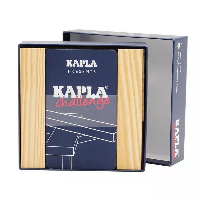 A partly open blue "Kapla Challenge" box contains wooden planks, illustrating a built structure to showcase this engaging balance game.
