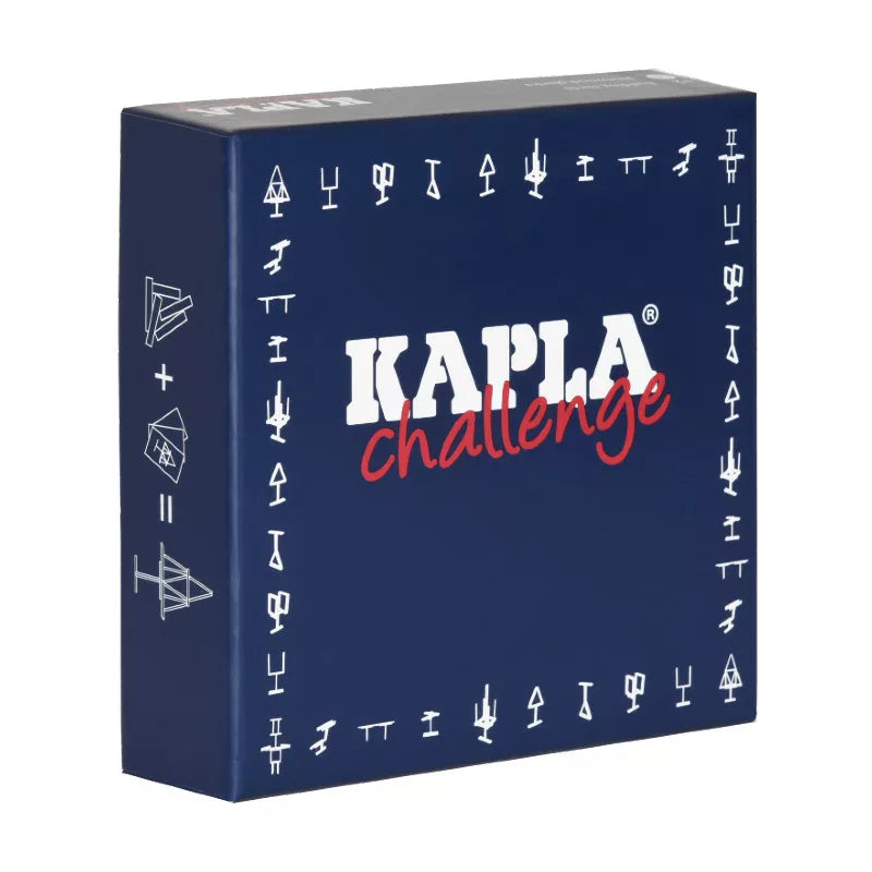 The blue "Kapla Challenge" box, adorned with various small white symbols and white/red text, is ideal for balance game lovers seeking an engaging logic toy to test their skills and creativity.