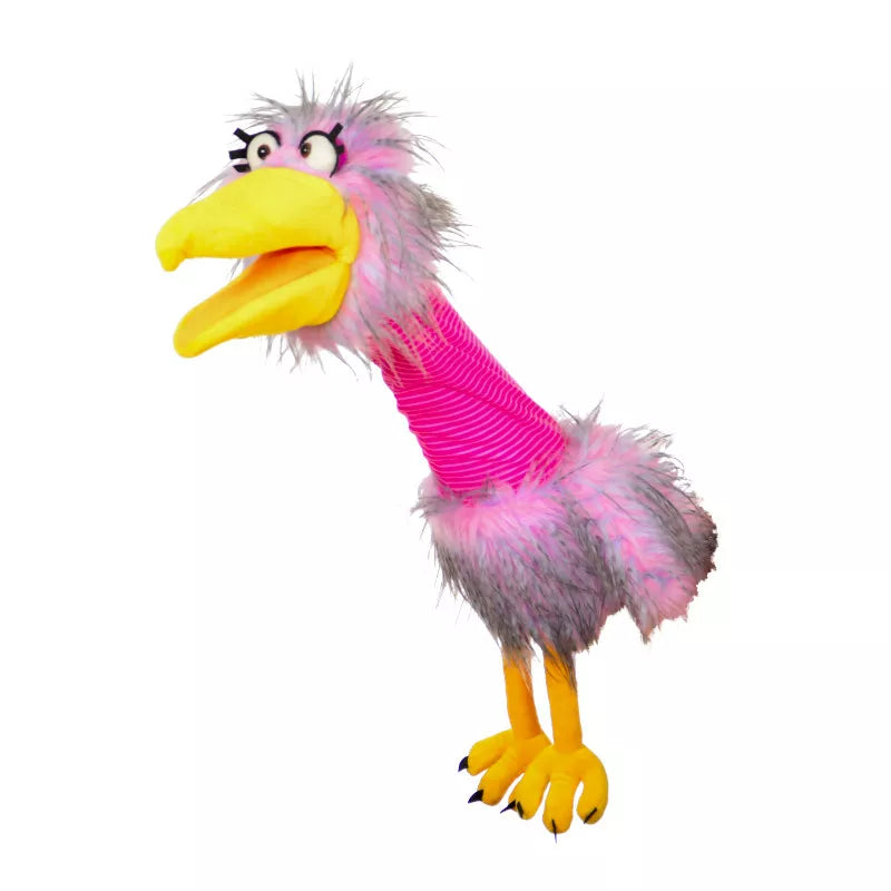A pink-feathered hand puppet designed for kids to use in their puppet shows.