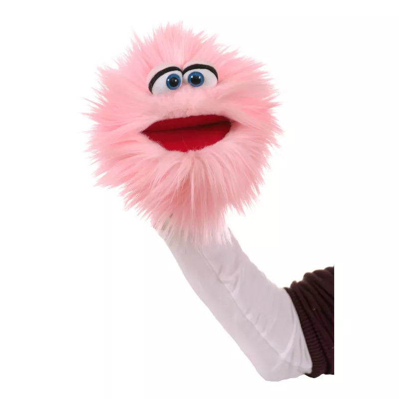 A person showcases a hand puppet during a kids' puppet show.