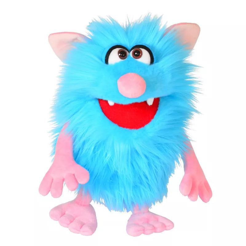 A kids' puppet show featuring the Living Puppets Monster Hand Puppet Schorsch on a white background.