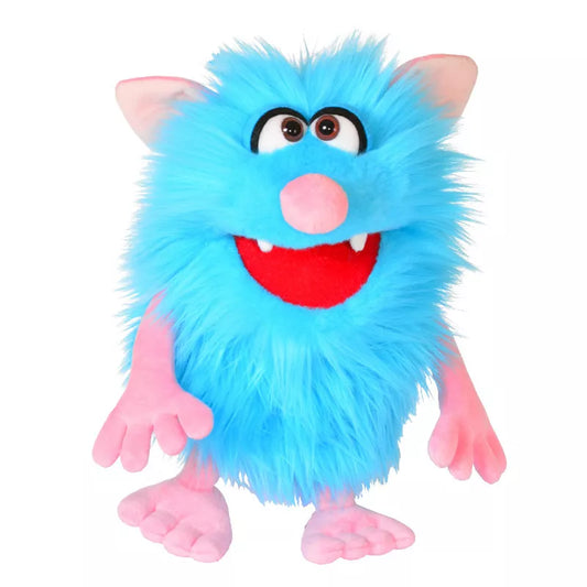 A kids' puppet show featuring the Living Puppets Monster Hand Puppet Schorsch on a white background.