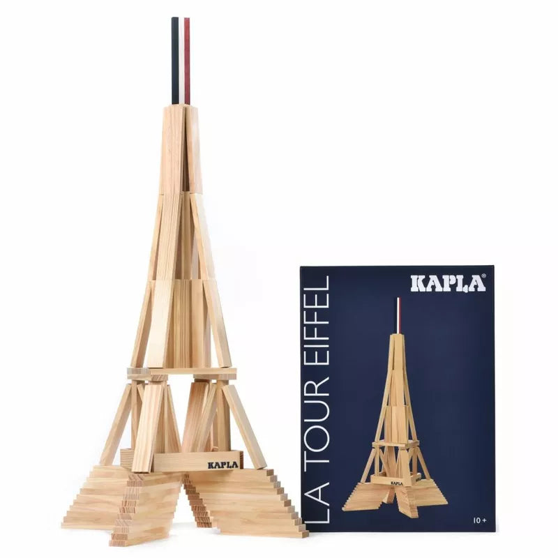 Eiffel Tower enthusiasts will adore the KAPLA® Construction Eiffel Tower, built with 105 natural wooden planks. A standout feature is a signature red and white block crowning the model, next to its "KAPLA® Eiffel Tower" box.