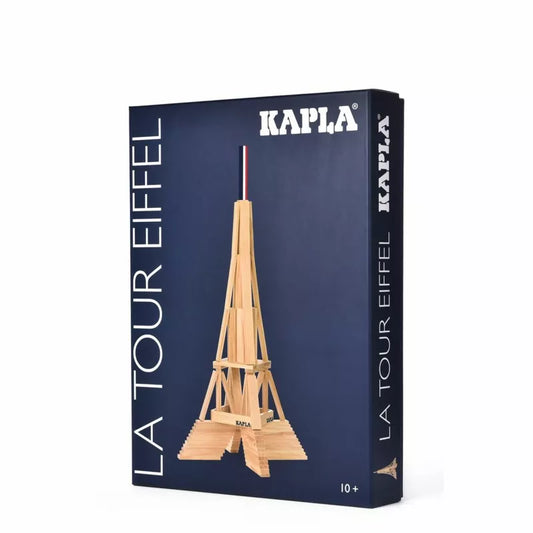 A box of 105 KAPLA® planks with a wooden Eiffel Tower model on the front reads "KAPLA® Construction Eiffel Tower" and "10+". It's perfect for Eiffel Tower fans, featuring a navy background and white text.