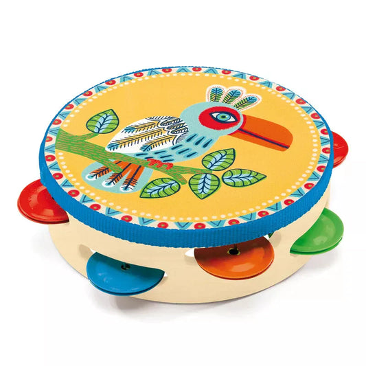 A Djeco Animambo Tambourine with a bird on it.
