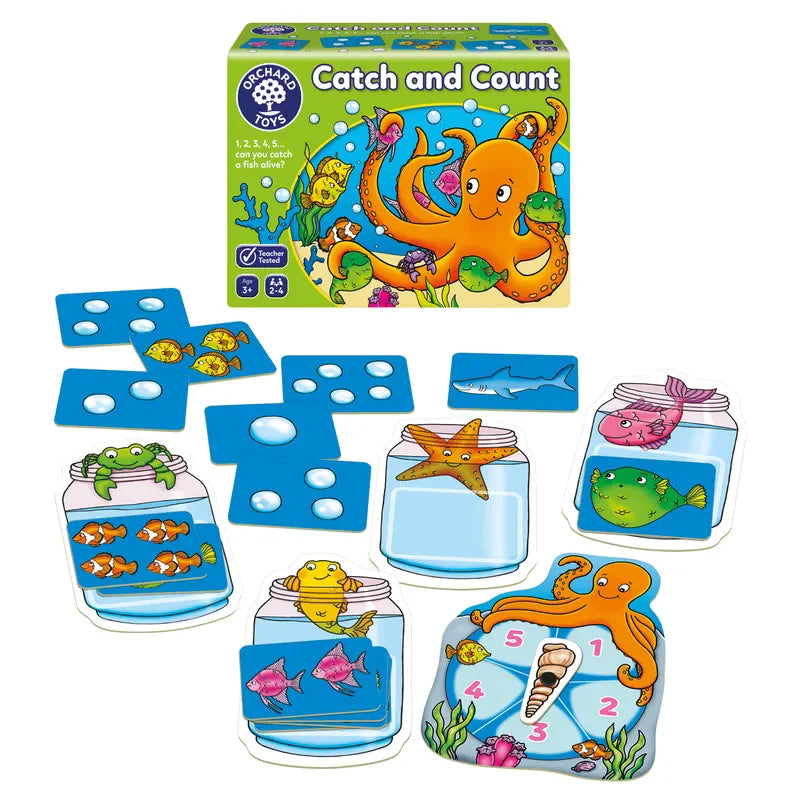 Introducing the Orchard Toys Catch & Count Game, an educational game with vibrant sea-themed designs. The packaging showcases an orange octopus and includes fish and jar illustrations, along with number cards for a fun learning experience.