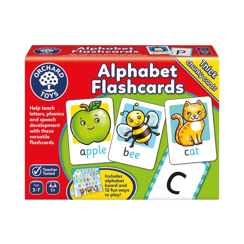 A vibrant package of Orchard Toys Alphabet Flashcards is displayed, showcasing illustrated cards with an apple labeled "apple," a bee labeled "bee," and a cat labeled "cat." The packaging highlights that it contains educational games suitable for children aged 3-7.