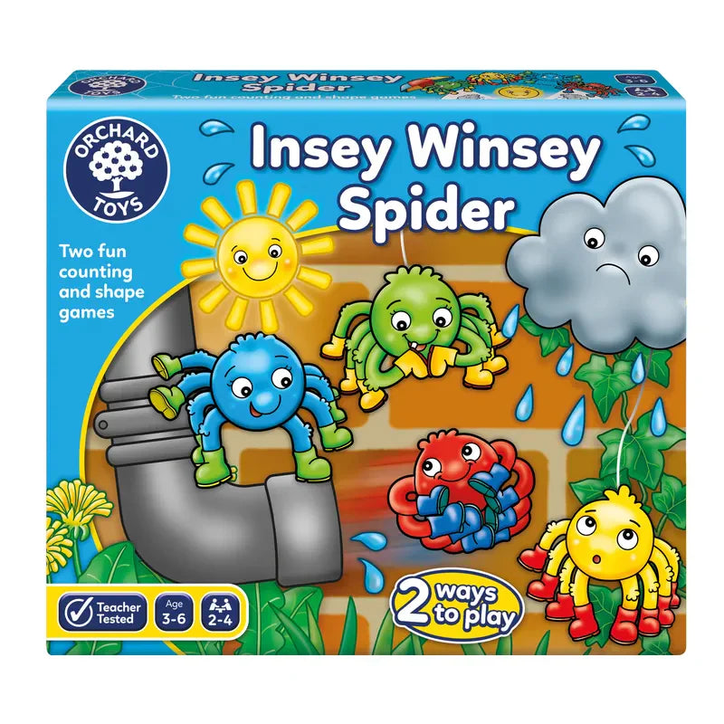 A vibrant box for the Orchard Toys Insey, Winsey Spider board game showcases four cartoon spiders in cheerful colors—blue, green, red, and yellow—as they ascend a drainpipe. A smiling sun and a gloomy cloud add to the whimsical scene. The text on the box reads "Insey Winsey Spider" along with "2 ways to play." Suitable for children aged 3-6.