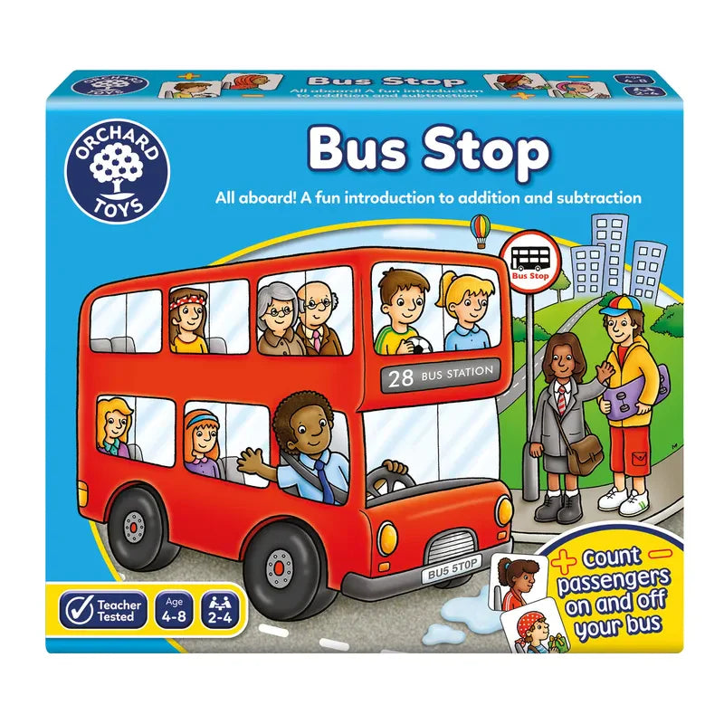 A vibrant package of Orchard Toys Bus Stop features a cheerful illustration of a red double-decker bus filled with cartoon passengers, accompanied by a bus stop sign and animated figures waiting. The text highlights the game's appeal for children aged 4-8, focusing on counting passengers.