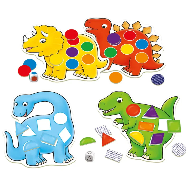 The Orchard Toys Dotty Dinosaurs set features vibrant illustrations of four dinosaurs, each adorned with shapes of various colors such as circles, squares, and triangles. The set also includes loose matching pieces for engaging shape-matching gameplay.