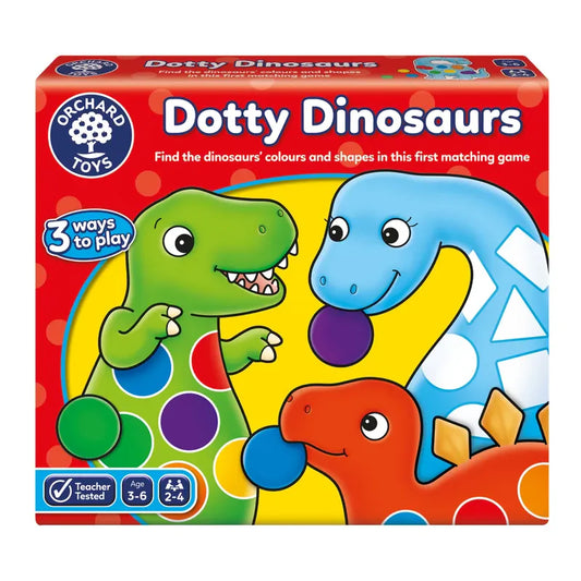 The box for "Orchard Toys Dotty Dinosaurs" showcases vibrant cartoon dinosaurs adorned with spots. It offers a matching game designed for children ages 3-6, providing three different ways to play. The front of the box features dinosaurs in green, blue, and red.