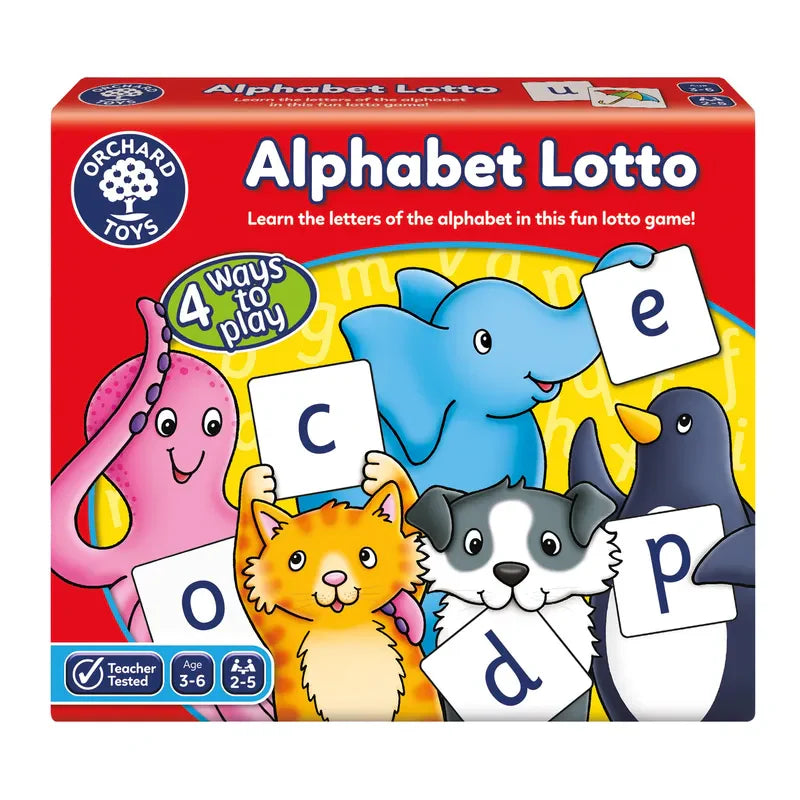 The red box for the Orchard Toys Alphabet Lotto game features cartoon animals like an octopus, elephant, cat, dog, and penguin holding letter cards. It offers "4 ways to play" and is suitable for children aged 3-6.