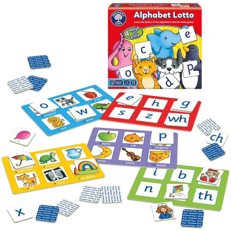 Orchard Toys Alphabet Lotto is a vibrant game featuring boards and cards adorned with letters and images of animals and objects, such as an elephant and a cat on the box. It's perfect for helping children learn letter recognition and matching skills.