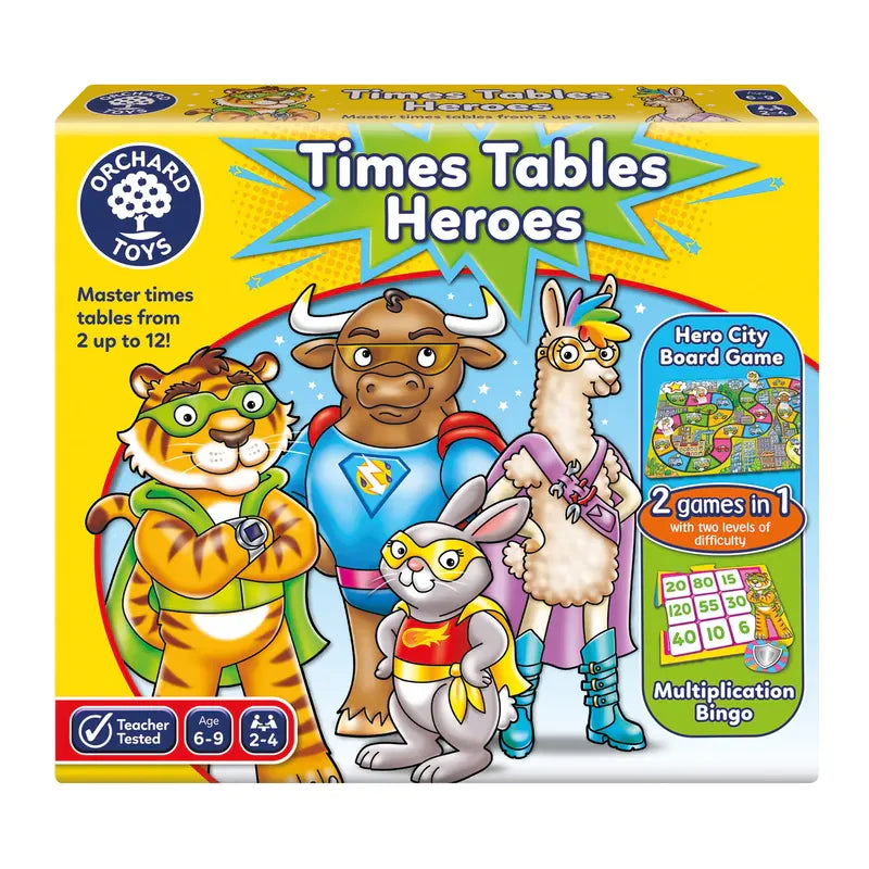 The box cover for Orchard Toys Times Tables Heroes showcases cartoon animals dressed in superhero costumes. Designed for children aged 6-9, this game features a hero city board game alongside a multiplication bingo component. The educational theme is emphasized through its bright colors and bold text.