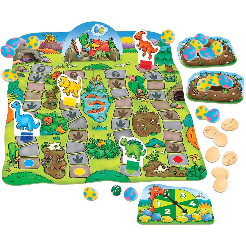 The Orchard Toys Dino-Snore-Us board game is a vibrant, dinosaur-themed adventure featuring a lively path filled with dinosaur figures, eggs, and footprints. The game includes a spinner, colorful tokens, and beautifully illustrated scenery depicting volcanoes and plants.