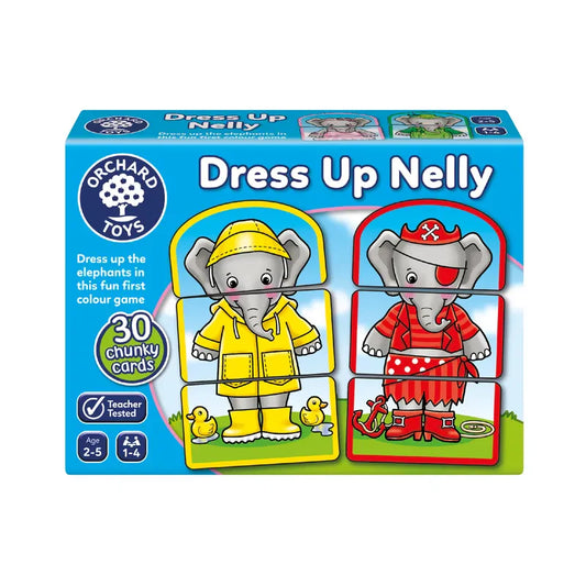 A vibrant box labeled "Orchard Toys Dress Up Nelly" features cartoon elephants dressed in various costumes, including a yellow raincoat on the left and a red pirate outfit on the right. The box contains 30 chunky cards suitable for ages 2-5 and accommodates 1-4 players.