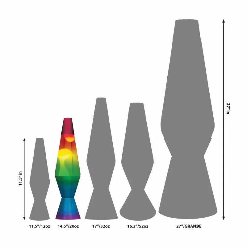 A size chart of five lava lamps from 11.5" to 27". The colorful, lit 14.5" Rainbow LAVA Lamp stands out as a sensory accessory or teen gift, while the others are shown as gray silhouettes.