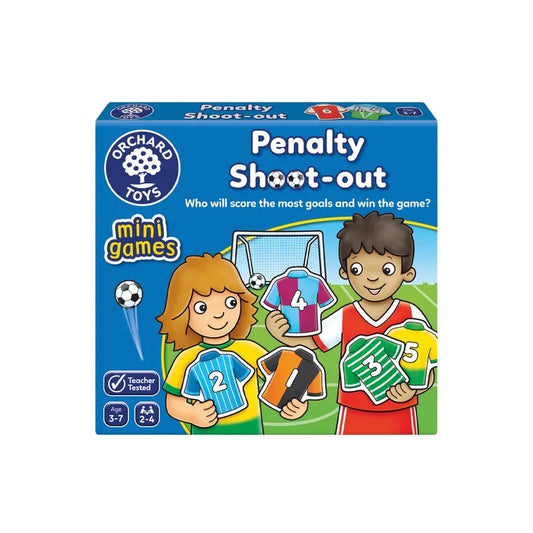 The Orchard Toys Penalty Shoot Out Mini Game box showcases cartoon children wearing numbered soccer jerseys standing in front of a goalpost. The tagline poses the question, "Who will score the most goals and win the game?" This game is suitable for ages 3-7 and can be played by 2 to 4 players.