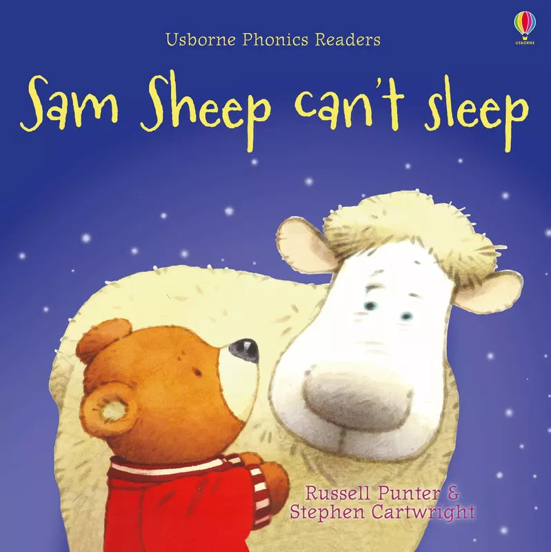 Usborne Phonics Readers featuring Sam sheep struggling to fall asleep at a puppet show.