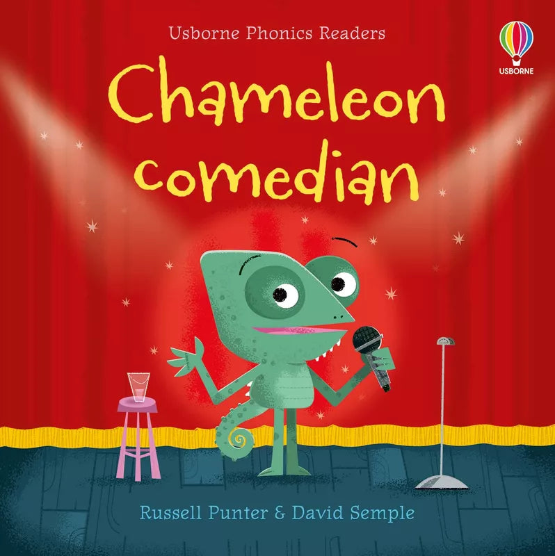 A puppet show-themed book cover for Usborne Phonics Readers: Chameleon comedian, designed to engage kids.