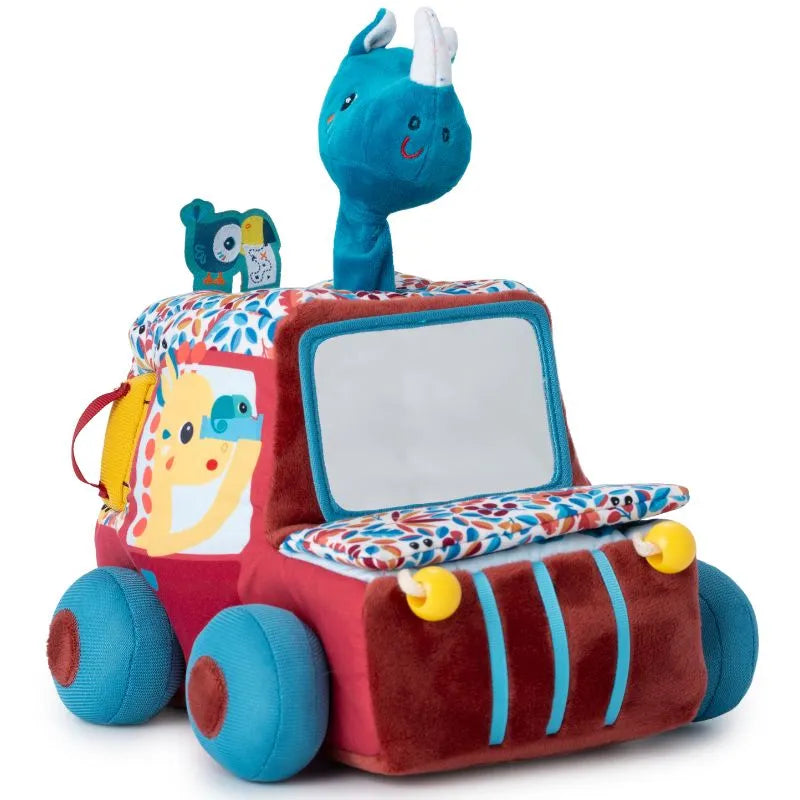 The Lilliputiens I'm Discovering Activities Car Safari is a vibrant plush toy with blue wheels, a cheerful dinosaur figurine on top, and offers sensory exploration with patterns, animal illustrations on the sides, and a small mirror on the front, ideal for baby activities.