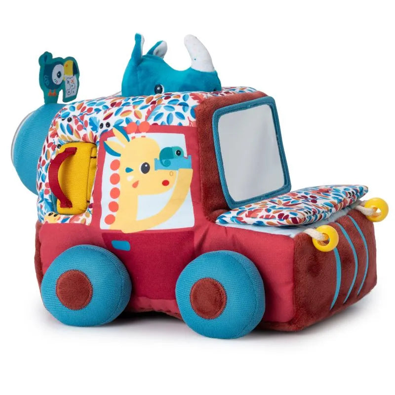 The Lilliputiens I'm Discovering Activities Car Safari is a colorful plush toy, perfect for sensory exploration. It features a giraffe illustration on the window, vibrant patterns, red and blue wheels, plus a small rhino on top and an elephant attached at the back—ideal for engaging baby activities.