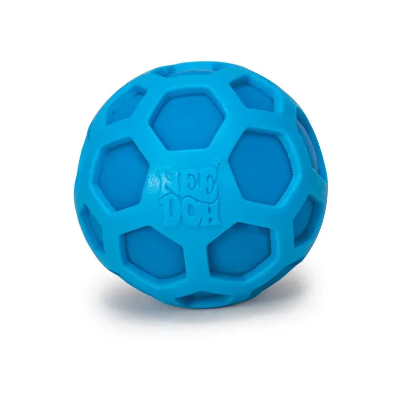 The Atomic Needoh is a blue rubber dog toy ball with a honeycomb pattern, ideal as a fidget toy for your pet.