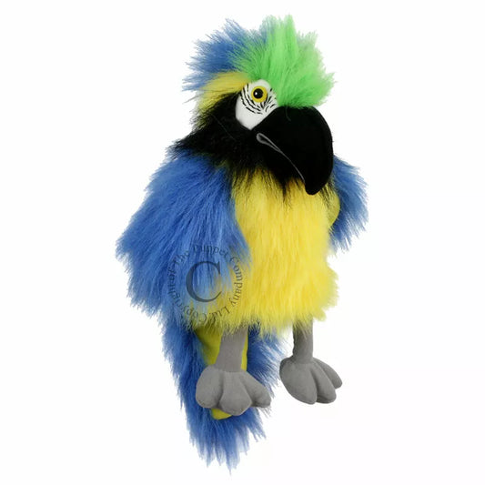 The Baby Bird Blue Macaw puppet is sitting on a white background, perfect for kids.