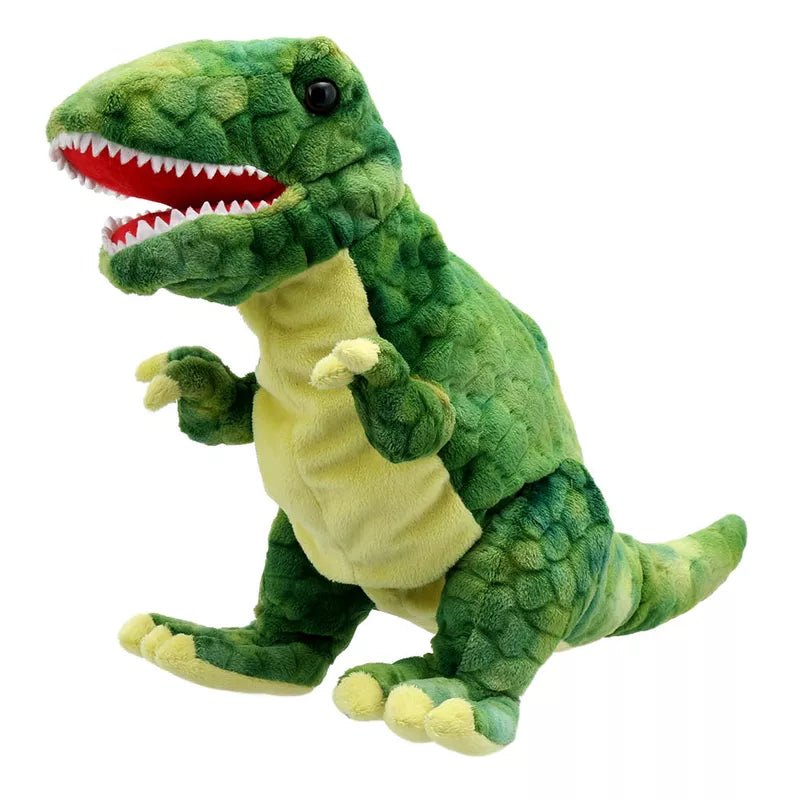 The Puppet Company Baby T-Rex Green is sitting on a white background.