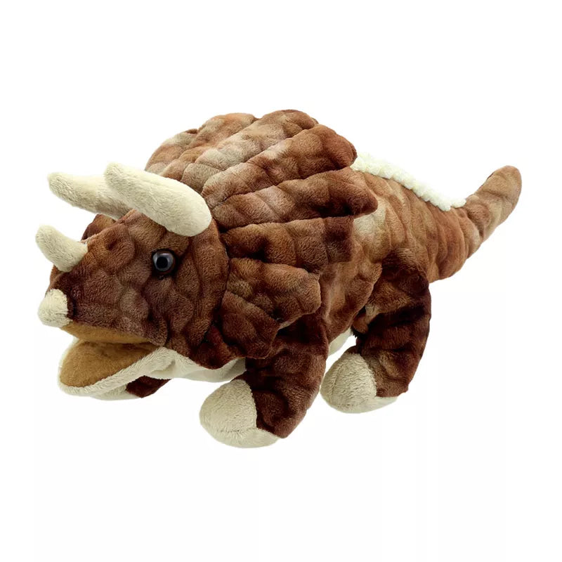 The Puppet Company Baby Triceratops Brown on a white background.