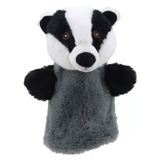 A stuffed toy badger, ECO Puppet Buddies Badger Hand Puppet, on a white background.