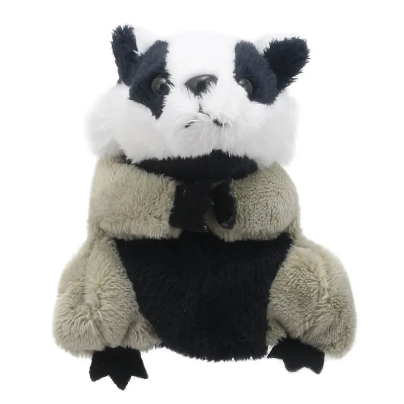 The Puppet Company Badger Finger Puppet, ideal for imaginative play, features a white and black face with round ears and a fluffy body. Its black patches around the eyes and nose, beige fur, and small black feet make it an enchanting addition to any collection.