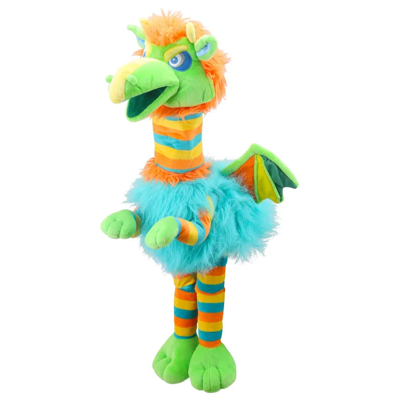 The Puppet Company Striders Dragon Balderdash is a vibrant dragon puppet of a fantastical creature, showcasing a green head and limbs, an orange and blue striped body with an orange mane, small wings, and a tuft of blue fur around its middle. This Walky-Stompy puppet features a pronounced beak and big expressive eyes, making it the perfect children’s toy.