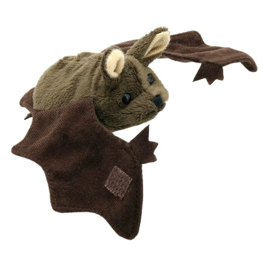 The Puppet Company Bat Finger Puppet is a plush toy crafted to resemble a bat, featuring soft brown fabric, floppy wings, and cute sewn eyes. Ideal for imaginative play or spooky tales, its fluffy body and simple face make it an adorable companion.