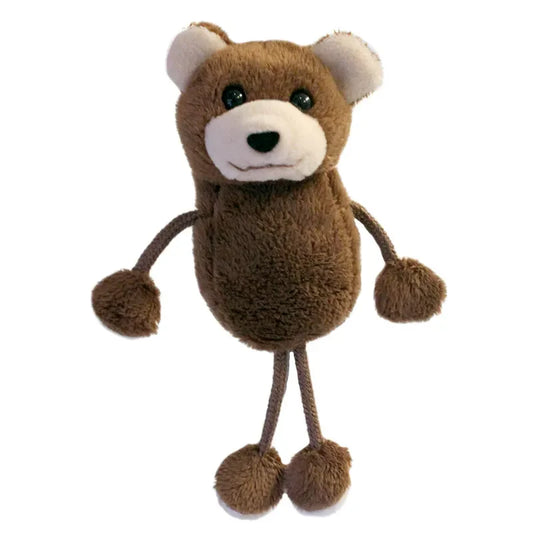 The Puppet Company Bear Finger Puppet features a plush brown body, white snout, and dark eyes. This adorable companion, perfect for storytime, stands upright against a plain white background and has short arms with round hands ready for forest adventures.