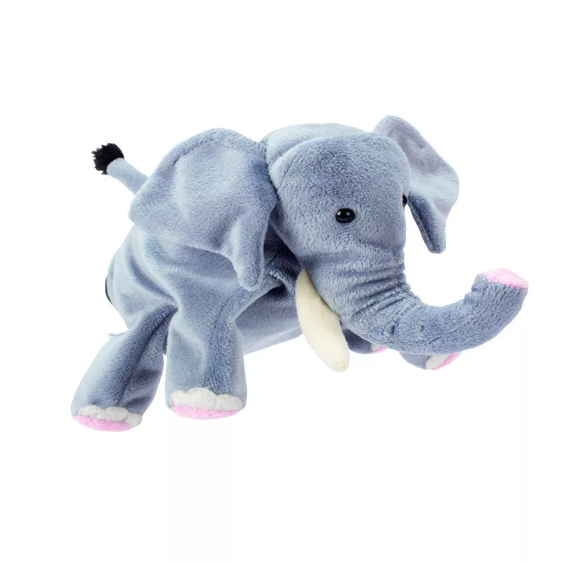 The kids' hand puppet show features a stuffed elephant with pink tusks.