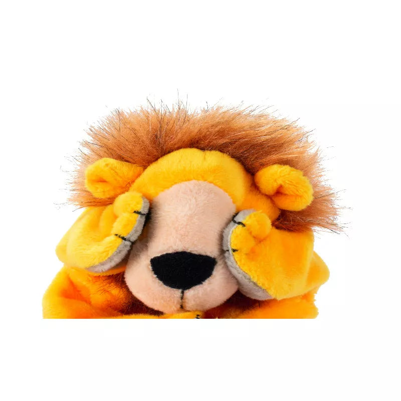 A Beleduc Hand Puppet Lion with his hands covering his eyes.