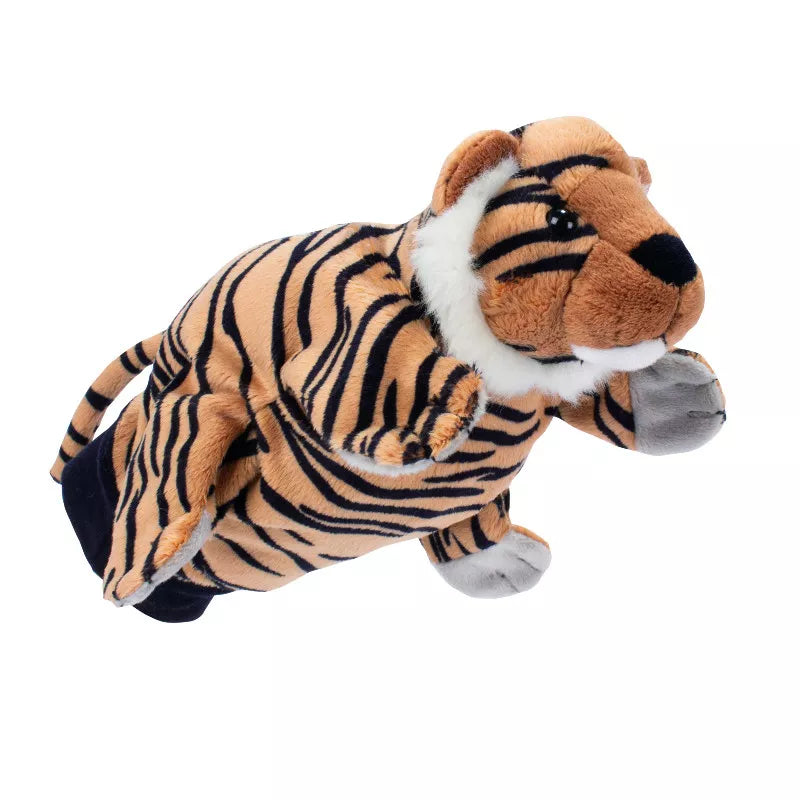 A Beleduc Hand Puppet Tiger sitting on a white background, perfect for puppet shows and entertaining kids.