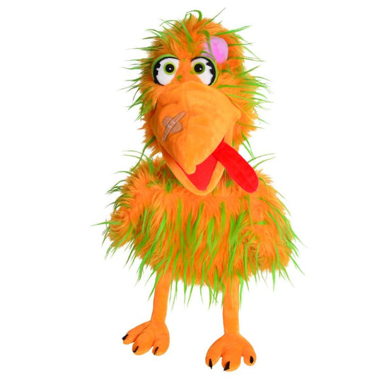 Meet the Living Puppets Bernie the Bird Hand Puppet, featuring orange and green fur, large eyes, a big orange beak with a patch, and a red tongue. This colorful bird stands upright with wings by its sides—perfect for imaginative play!.
