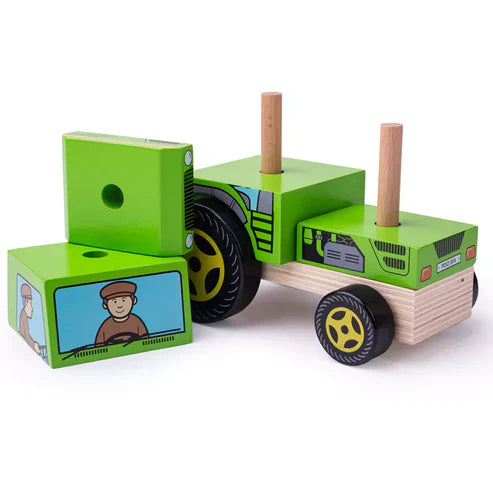 The Bigjigs Stacking Tractor is a wooden toy shaped like a green tractor, featuring illustrated details, removable blocks, wheels, and a cheerful driver—ideal for encouraging fine motor skills in young children.