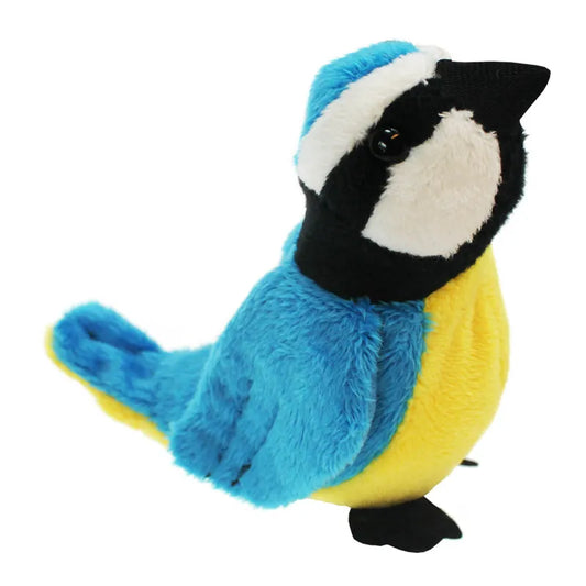 The Puppet Company Blue Tit Finger Puppet features a plush blue body, yellow belly, black head with white cheeks, black beak, eyes, and small black feet. Ideal for storytelling and creative play.