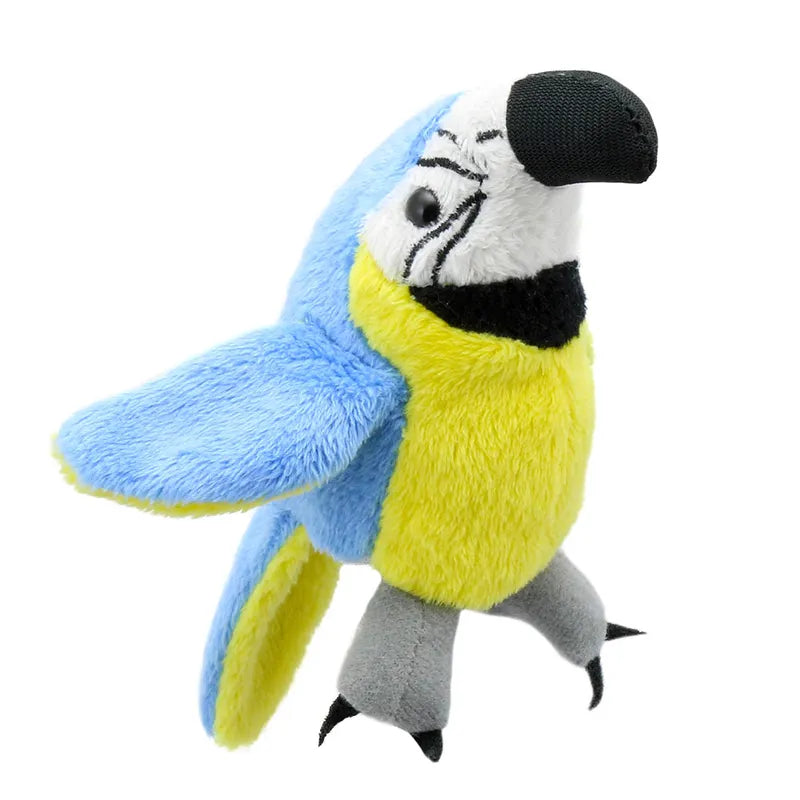 The Puppet Company Blue & Gold Macaw Finger Puppet has light blue wings, a bright yellow body, gray legs, and a black beak. Its upright pose and stitched facial features inspire imaginative play with its outstretched wings as if in mid-flight.