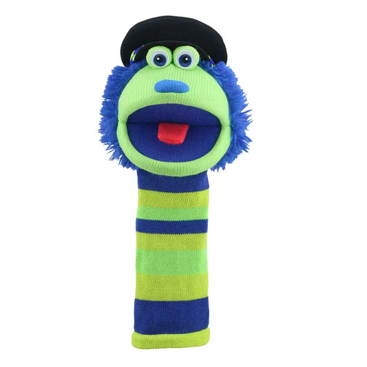 The Puppet Company Sockette Bobby is a colorful, eco-friendly hand puppet with blue fur, a green striped body, blue and green eyes, a red tongue, and a black hat—made from recycled materials.