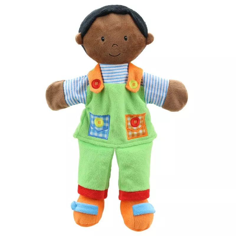 A puppet toy dressed in a green outfit, perfect for puppet shows and entertaining kids.