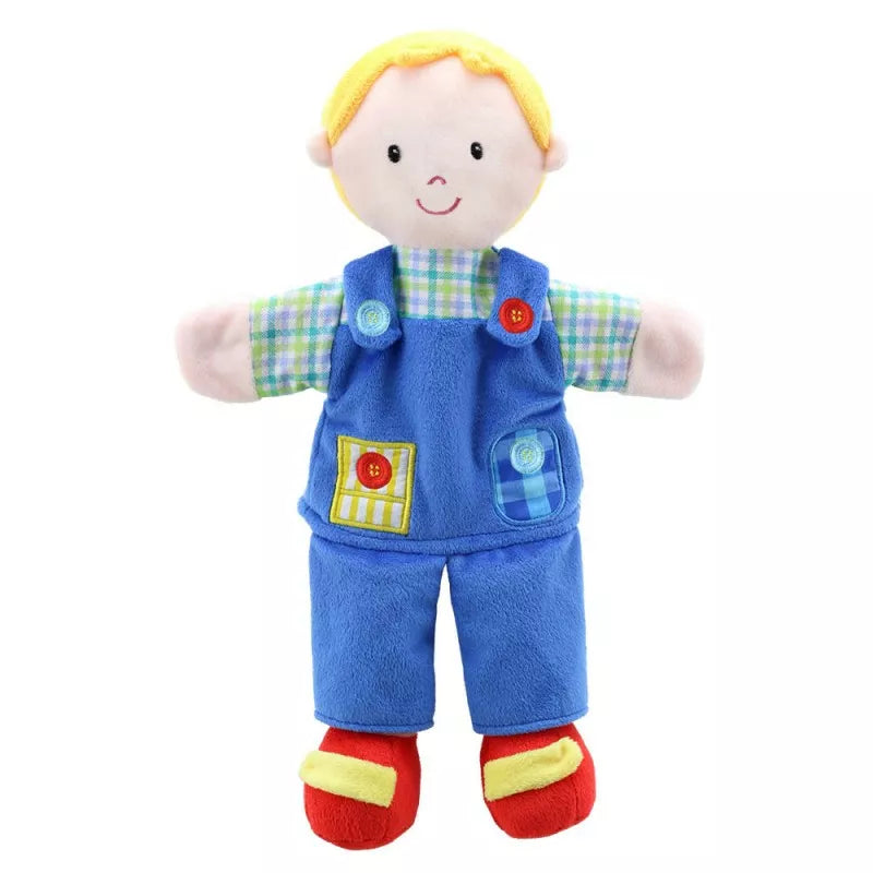 A blue and yellow Boy Hand Puppet from The Puppet Company wearing overalls for kids' puppet show.