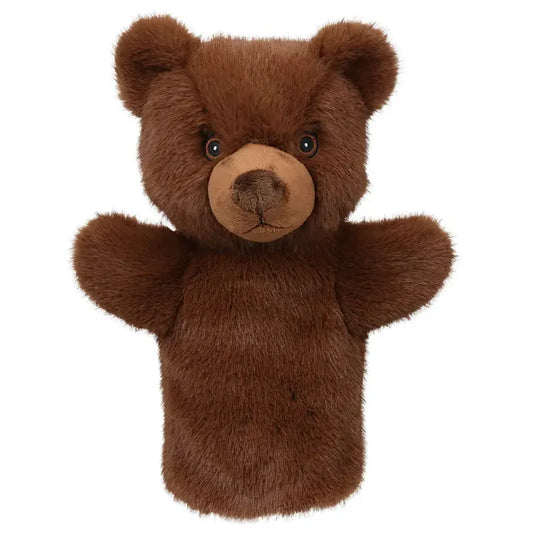 The ECO Puppet Buddies Brown Bear Hand Puppet features round ears, a tan snout, and black eyes. With plush, fuzzy texture and outstretched arms, it's ideal for imaginative play and storytelling.
